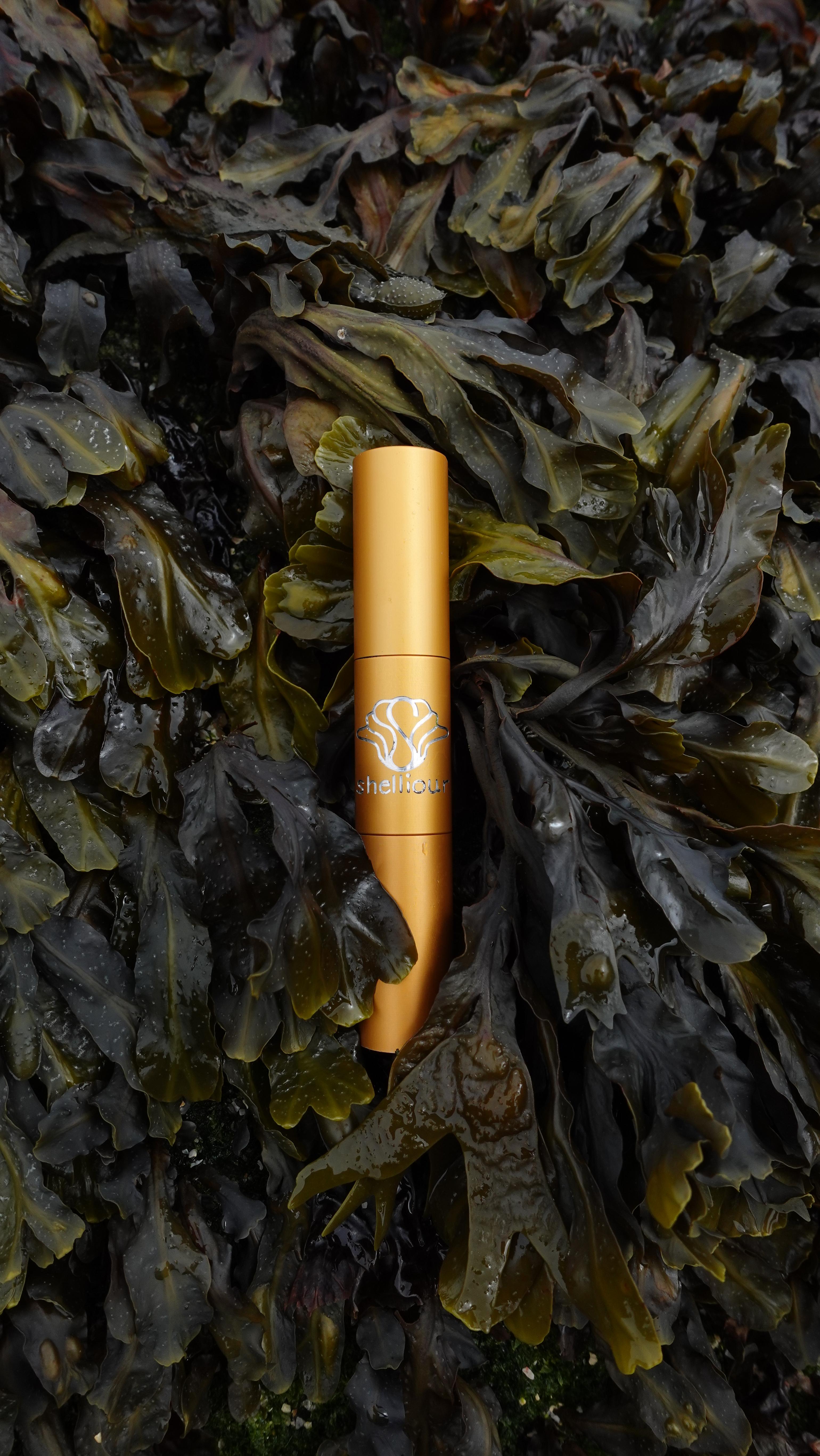 Gold Shell refillable mascara among kelp